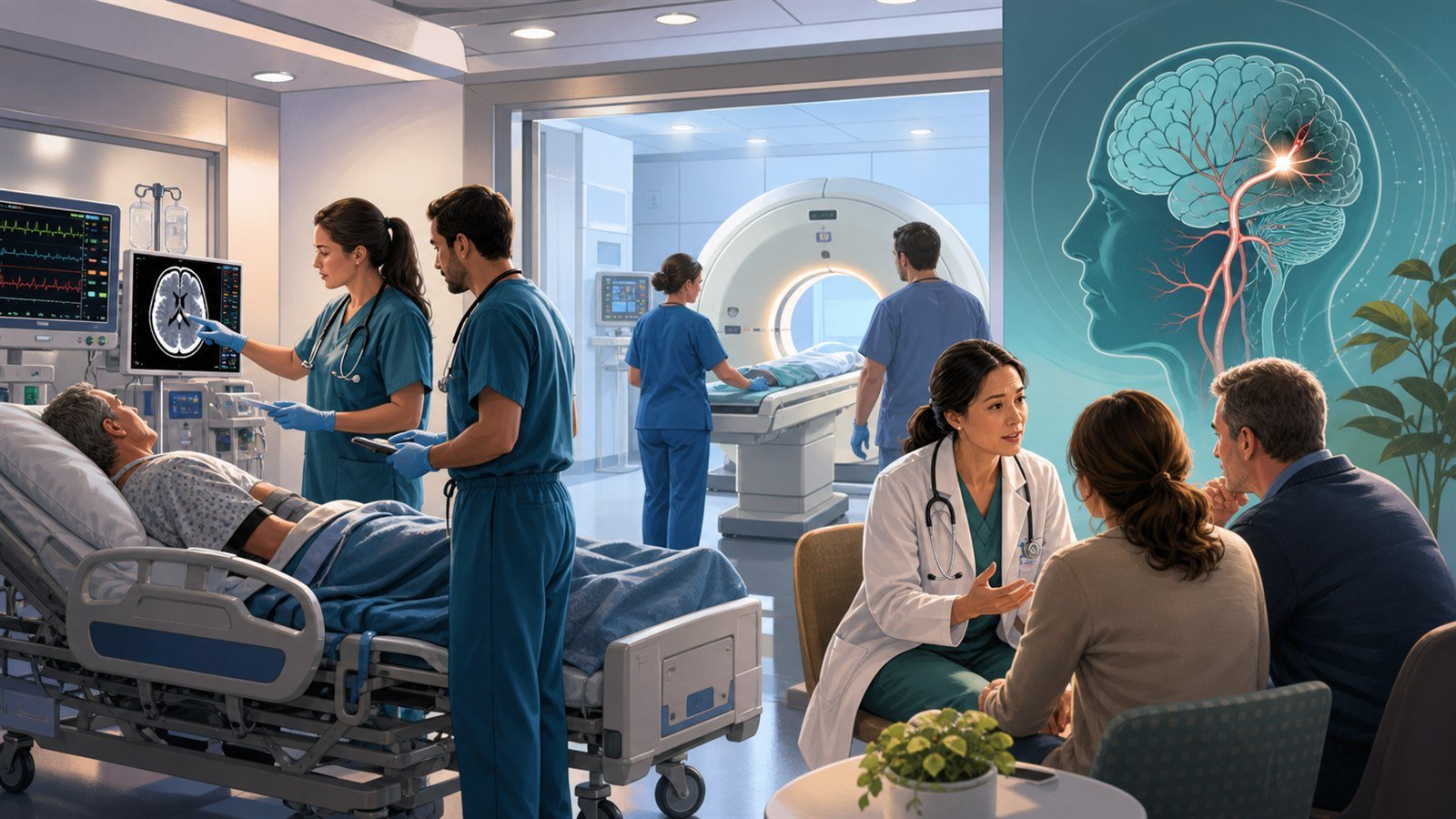 Illustration of a stroke team caring for a patient near CT imaging while a physician speaks with family members