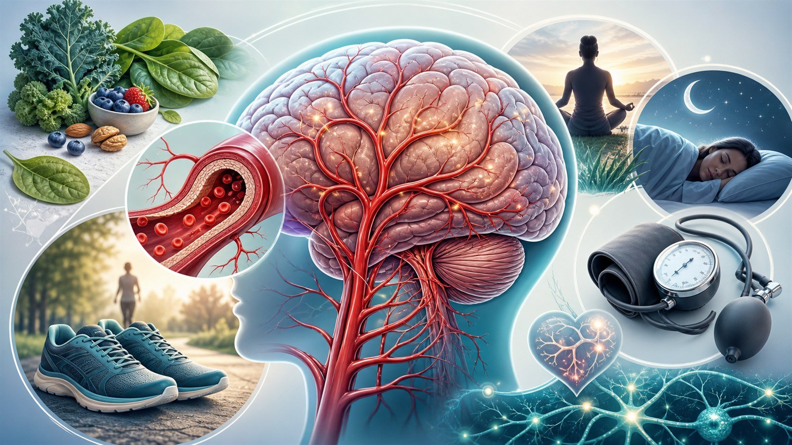 Illustration of cerebral blood vessels supporting brain health with lifestyle factors such as nutrition, exercise, sleep, and blood pressure control